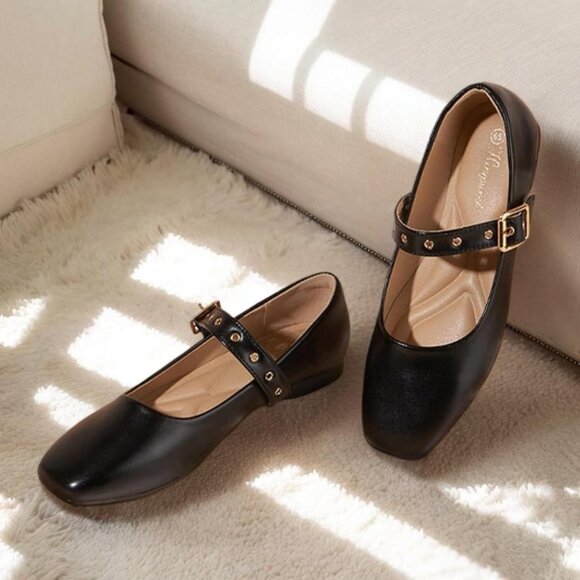 Women Pu Black Polyurethane (PU) Closed Toe Strap Buckle Ballerina Flats Shoes - Picture 5 of 6